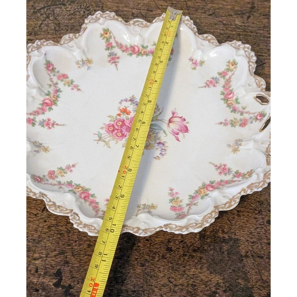 Antique M Z Austria L S S Carlsbad Handled Cake Plate Platter Ribbon Swags 10